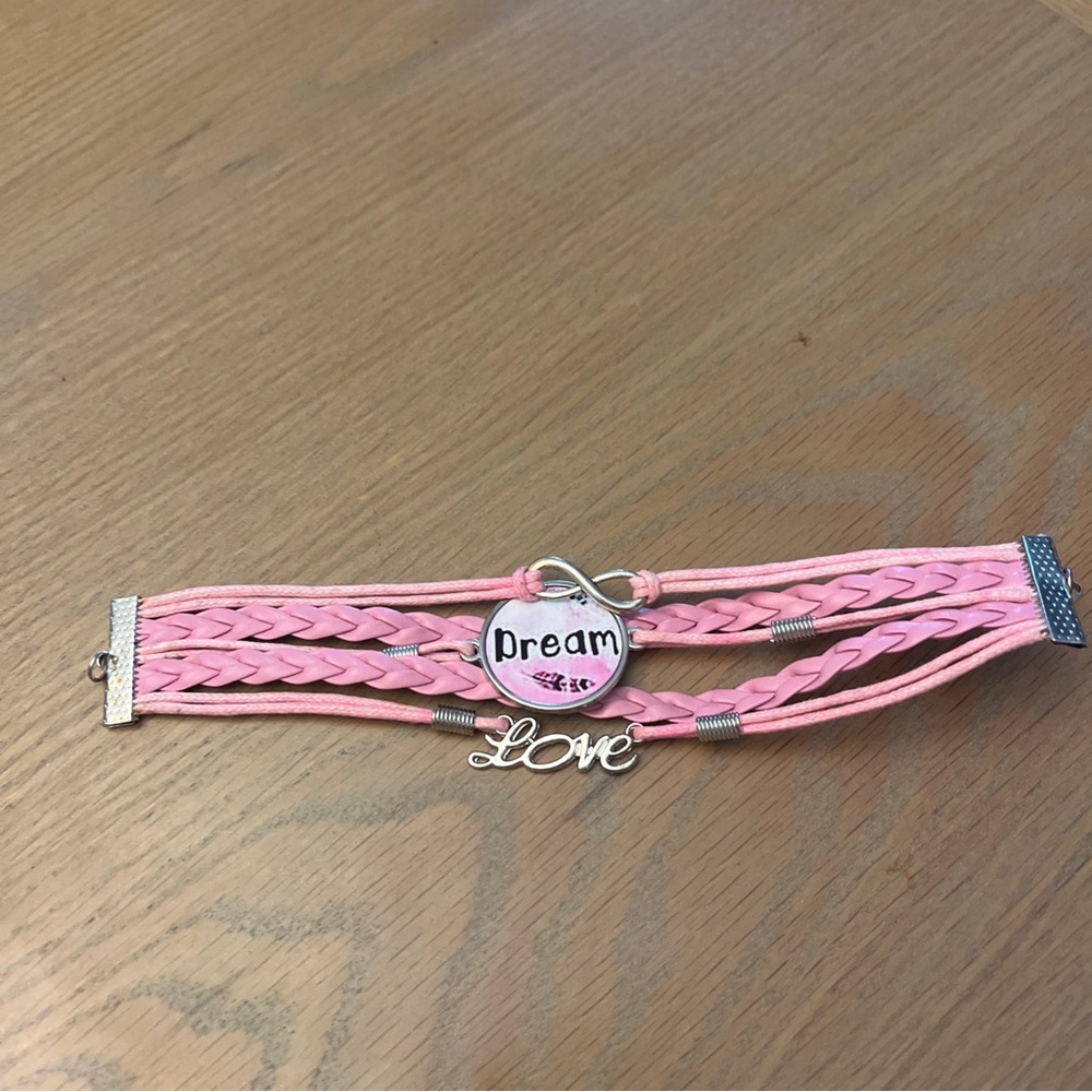 Pink Leatherette Cord Silver Dream, Love, Charms Bracelet